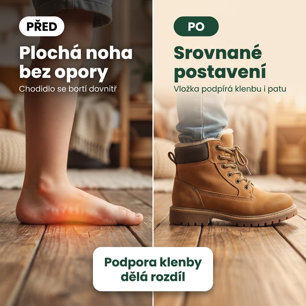 Dětské zimní ortopedické vložky – plochá noha před a po srovnání chodidla